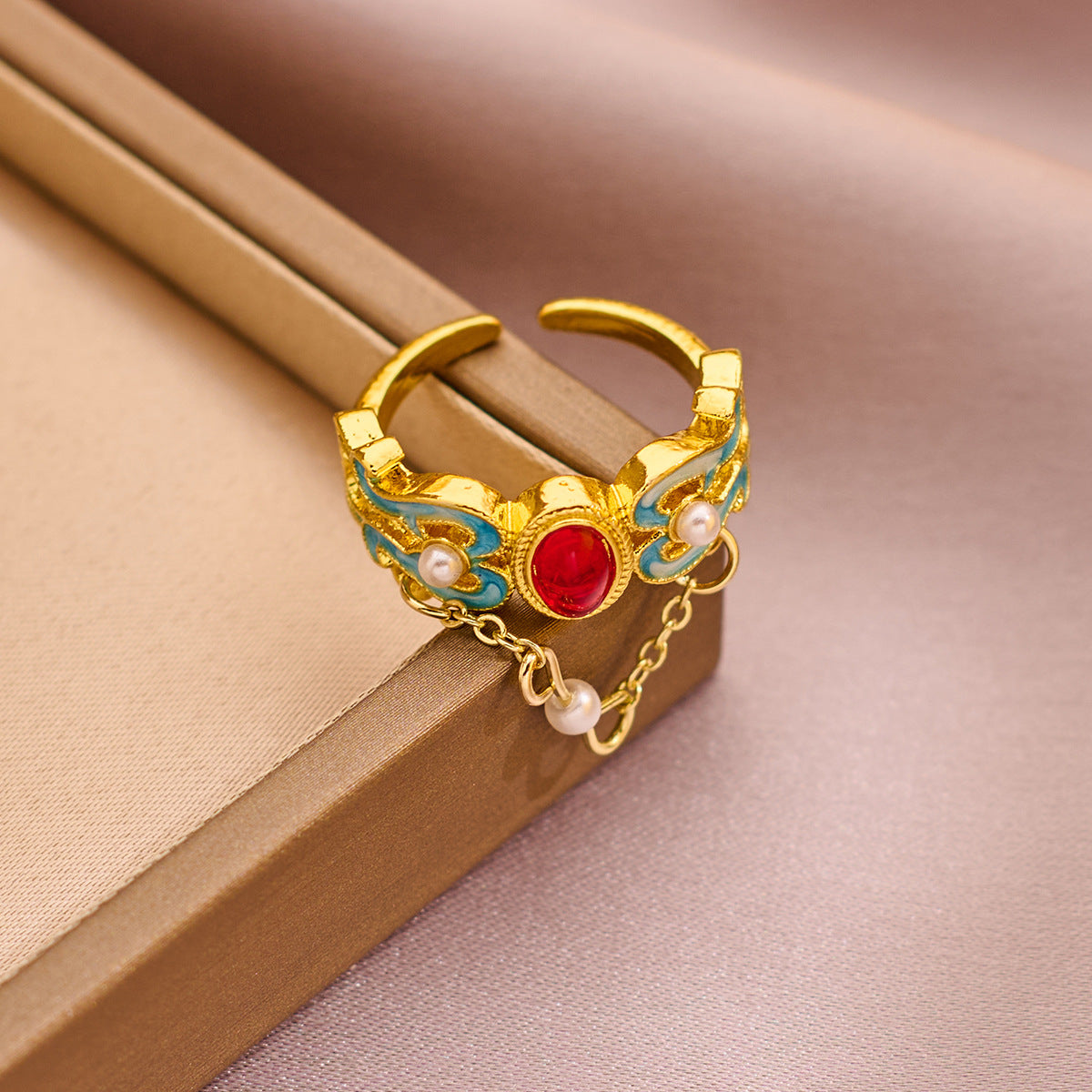 Imperial Phoenix Cloisonné Ring – Adjustable Elegance with Lab-Created Gemstone