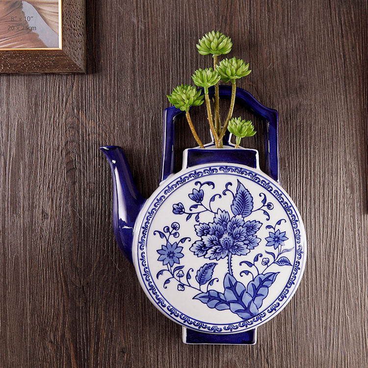 Imperial Porcelain Wall Art - Jingdezhen Blue & White Floral Teapot Wall Vase