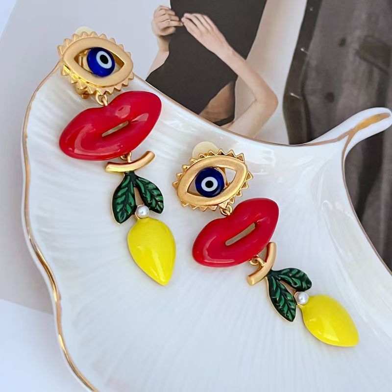Drip Glaze Enamel Lemon Lipstick Earrings with Evil Eye Motif – Unique Statement Jewelry