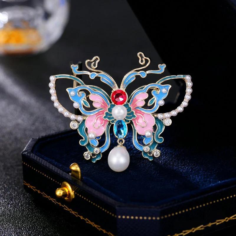 Enchanted Cloisonné Butterfly Brooch – Lab-Created Gemstone & Pearl Elegance