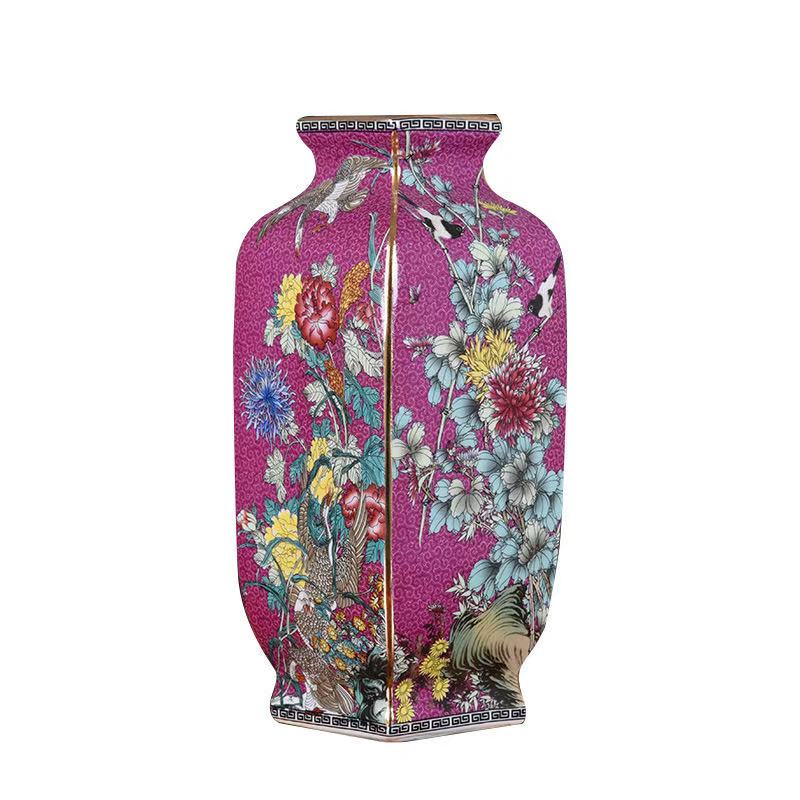 Square Enamel-Painted Porcelain Vase – Jingdezhen Floral & Bird Pattern Ceramic Masterpiece