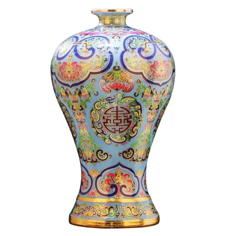 Sky-Blue Cloisonné Porcelain Mei Vase with Entwined Lotus Motif – Handcrafted Jingdezhen Masterpiece