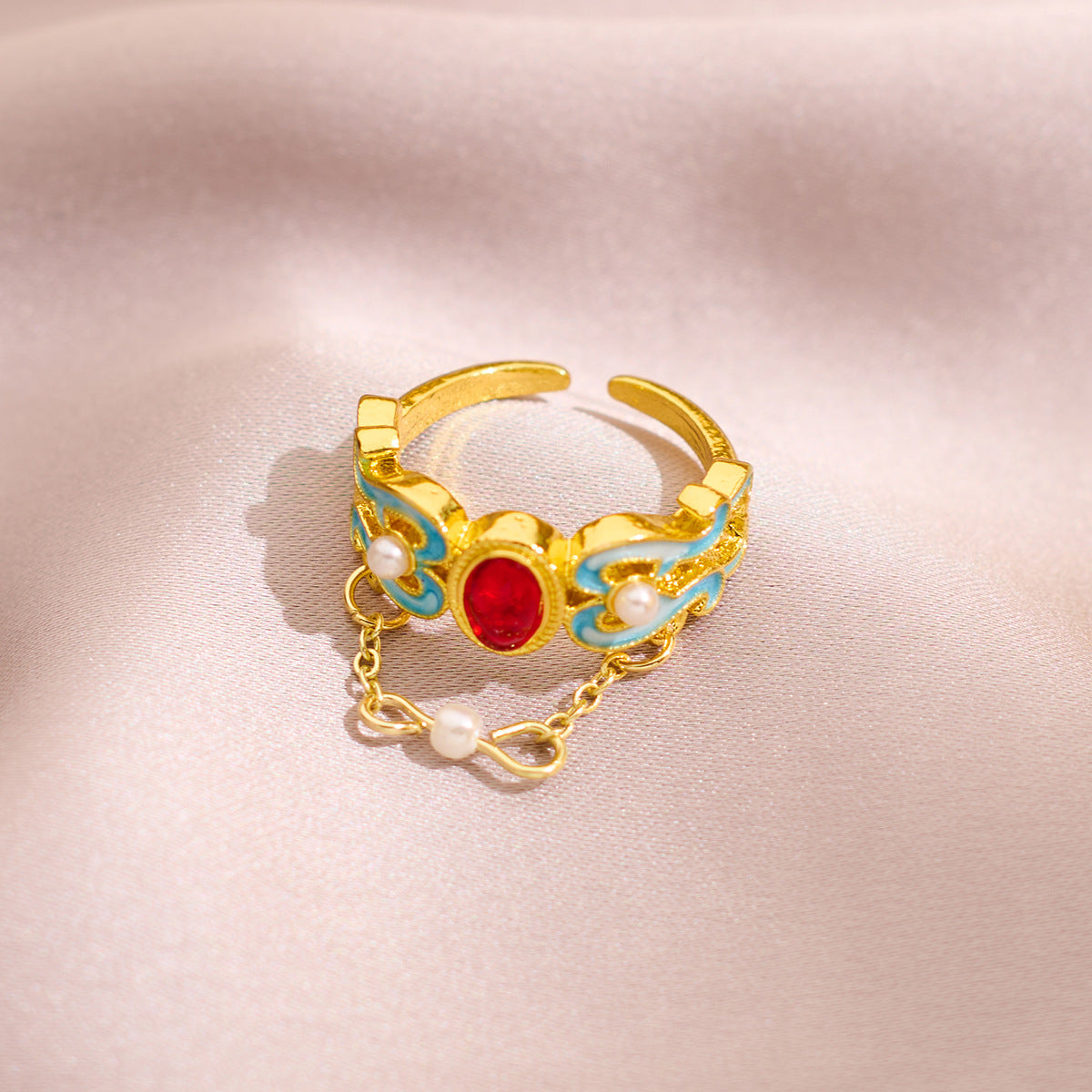 Imperial Phoenix Cloisonné Ring – Adjustable Elegance with Lab-Created Gemstone