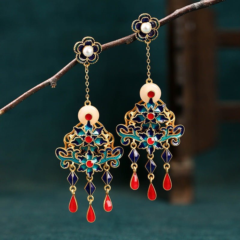 Enamel Tassel Earrings – Blossom & Jade-Inspired Elegance