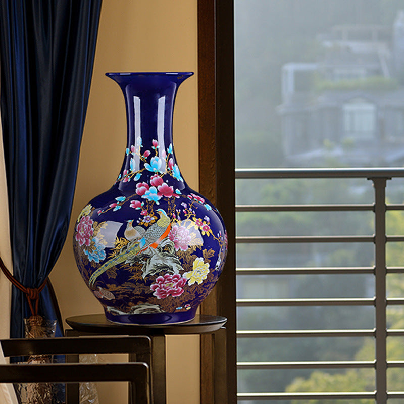 Imperial Blue Jingdezhen Peacock & Peony Enamel Vase – Handcrafted Chinese Porcelain Masterpiece
