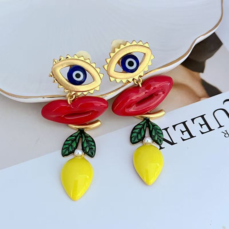 Drip Glaze Enamel Lemon Lipstick Earrings with Evil Eye Motif – Unique Statement Jewelry