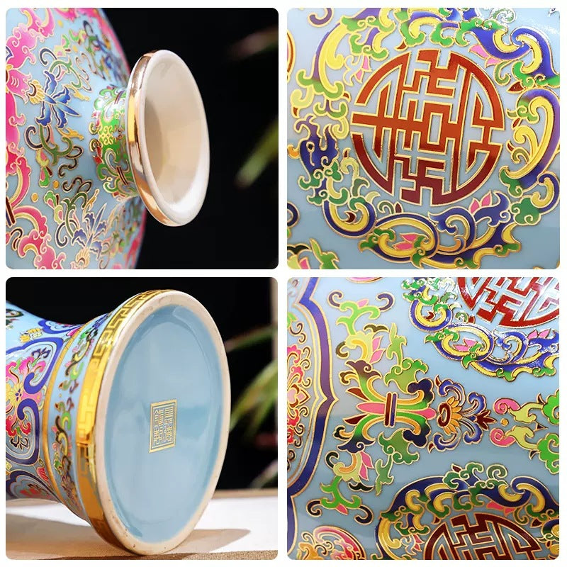 Sky-Blue Cloisonné Porcelain Mei Vase with Entwined Lotus Motif – Handcrafted Jingdezhen Masterpiece
