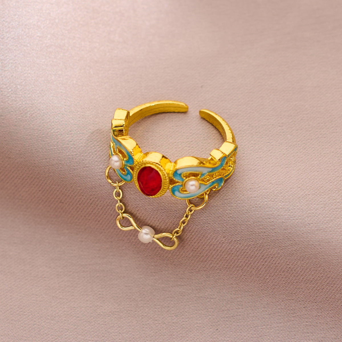 Imperial Phoenix Cloisonné Ring – Adjustable Elegance with Lab-Created Gemstone