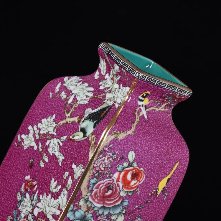 Square Enamel-Painted Porcelain Vase – Jingdezhen Floral & Bird Pattern Ceramic Masterpiece