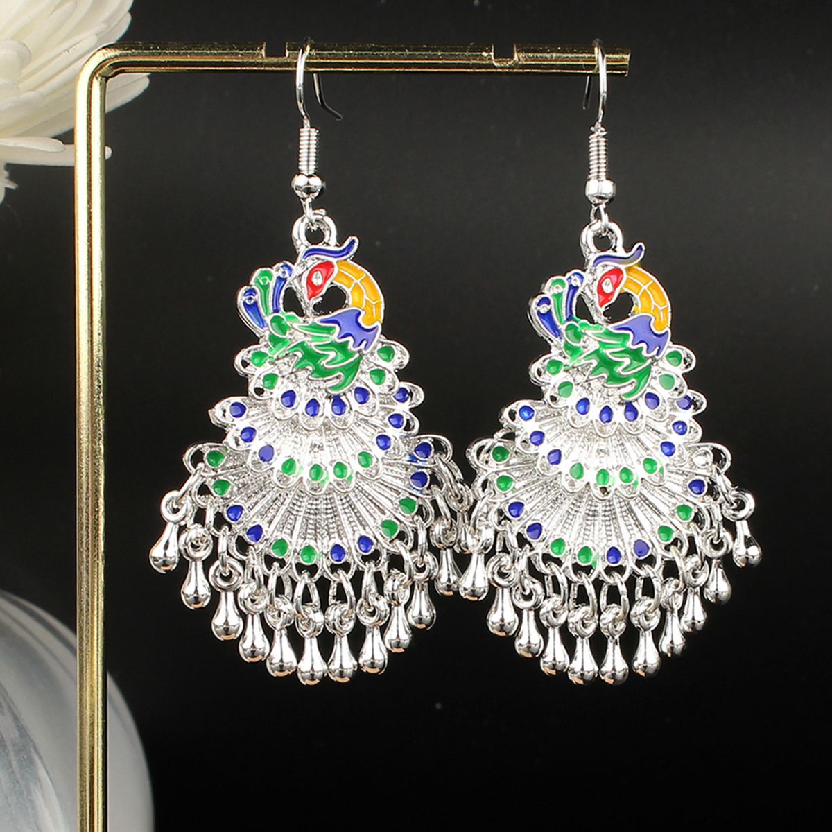 Cloisonné Enamel Peacock Tassel Earrings – Miao Ethnic Silver Phoenix Bell Drops