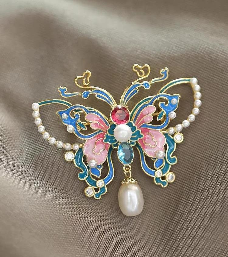 Enchanted Cloisonné Butterfly Brooch – Lab-Created Gemstone & Pearl Elegance