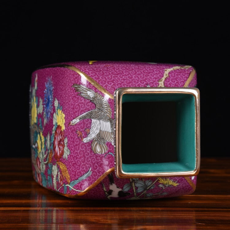 Square Enamel-Painted Porcelain Vase – Jingdezhen Floral & Bird Pattern Ceramic Masterpiece