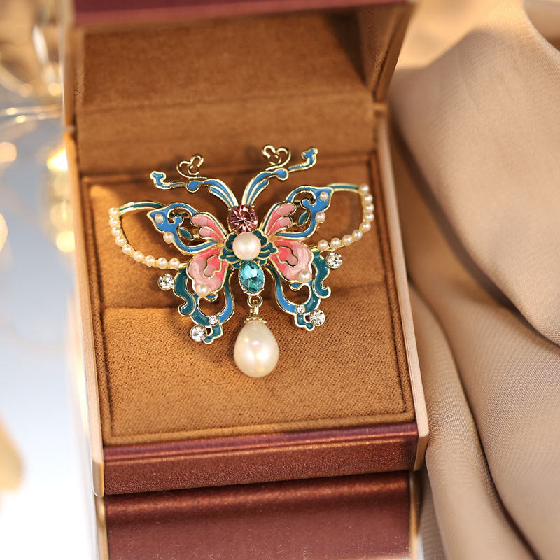 Enchanted Cloisonné Butterfly Brooch – Lab-Created Gemstone & Pearl Elegance