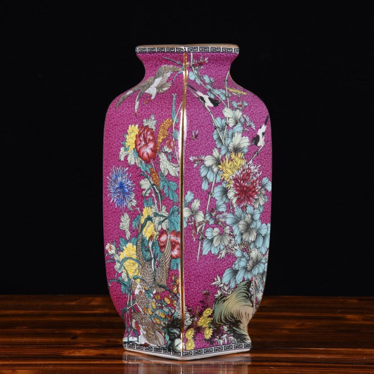 Square Enamel-Painted Porcelain Vase – Jingdezhen Floral & Bird Pattern Ceramic Masterpiece