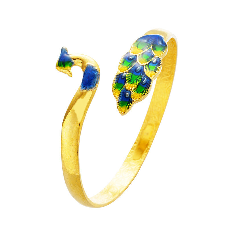 "Peacock Majesty" Vietnamese Gold-Plated Cloisonné Set – Brass Cuff Bracelet & Ring