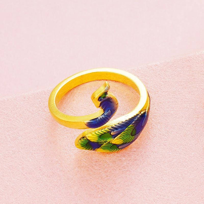 "Peacock Majesty" Vietnamese Gold-Plated Cloisonné Set – Brass Cuff Bracelet & Ring
