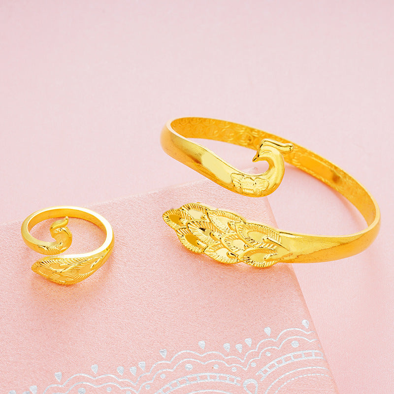"Peacock Majesty" Vietnamese Gold-Plated Cloisonné Set – Brass Cuff Bracelet & Ring