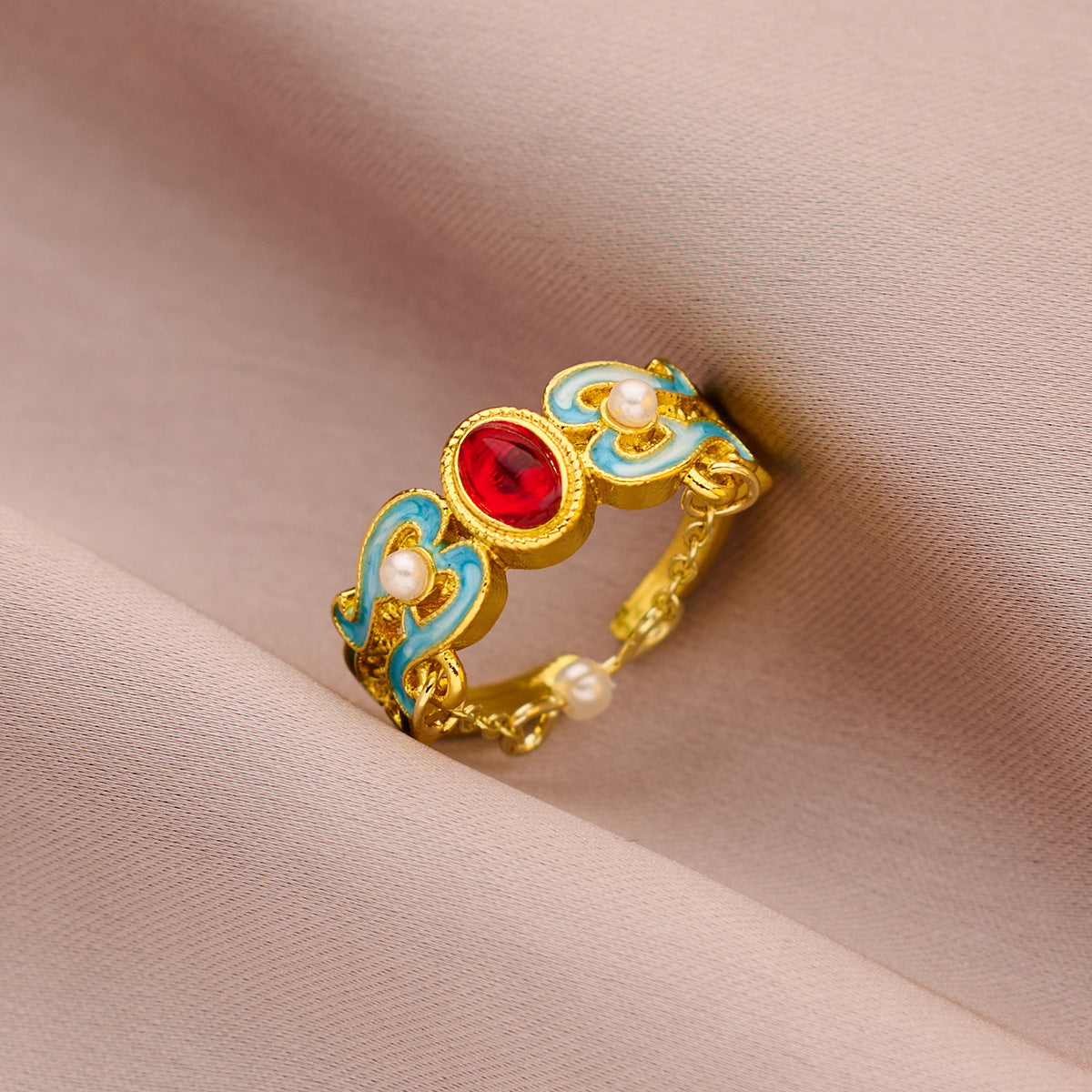 Imperial Phoenix Cloisonné Ring – Adjustable Elegance with Lab-Created Gemstone