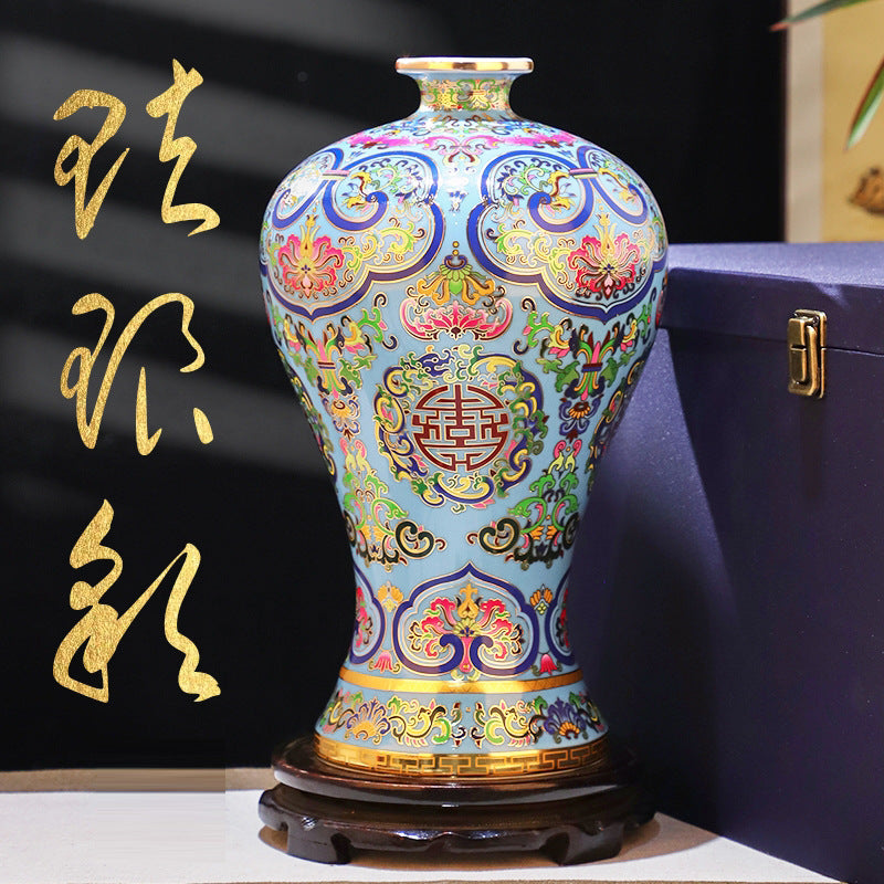 Sky-Blue Cloisonné Porcelain Mei Vase with Entwined Lotus Motif – Handcrafted Jingdezhen Masterpiece