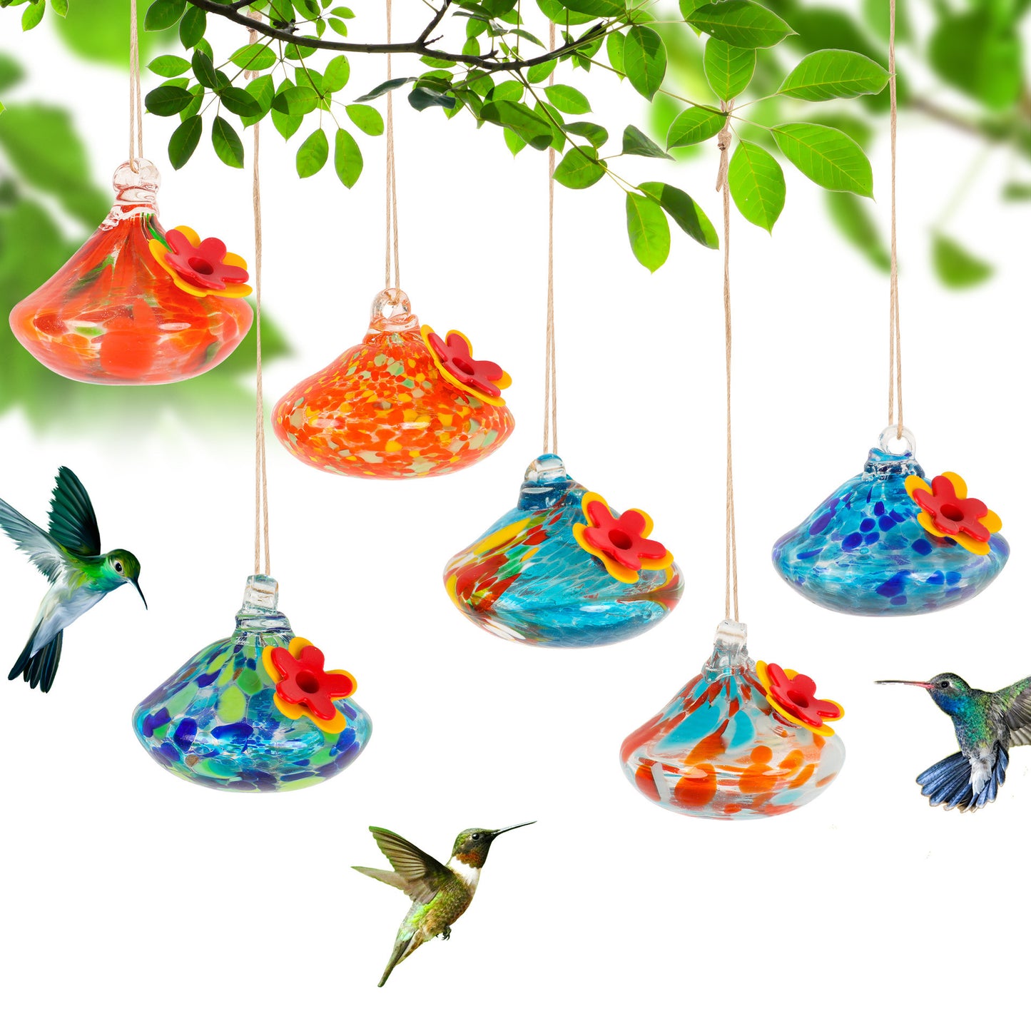 Colorful Glass Hummingbird Feeder – Handcrafted Hanging Bird Waterer for Garden & Patio (Single Piece)