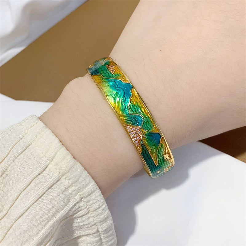 "River of Stars" Cloisonné Bangle Ring – Chinese Landscape Art Jewelry