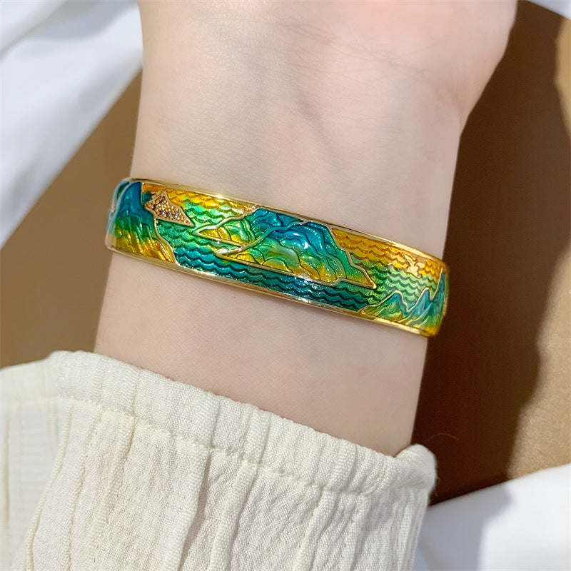 "River of Stars" Cloisonné Bangle Ring – Chinese Landscape Art Jewelry