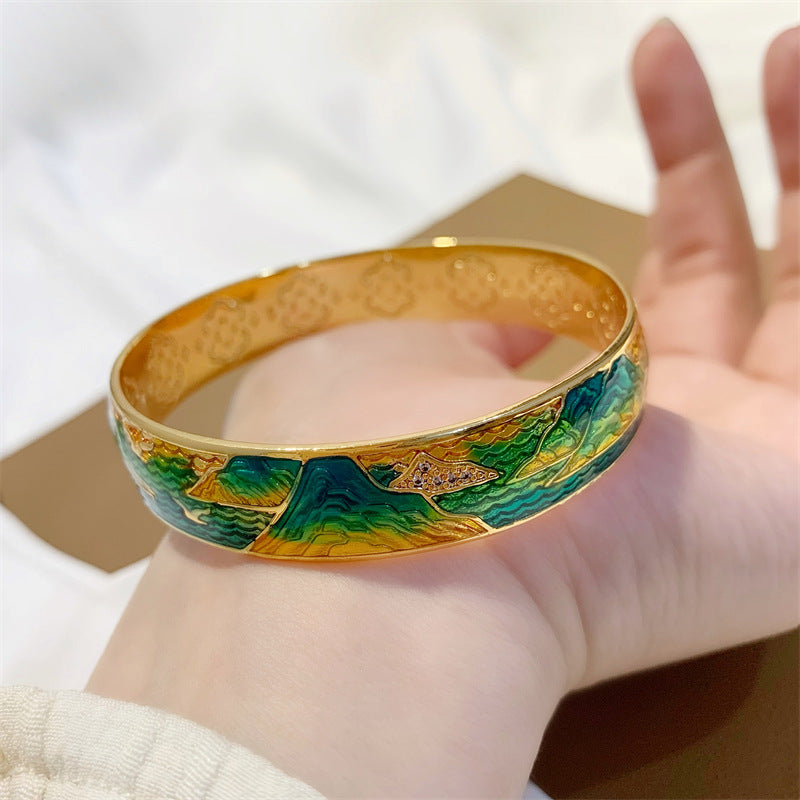 "River of Stars" Cloisonné Bangle Ring – Chinese Landscape Art Jewelry