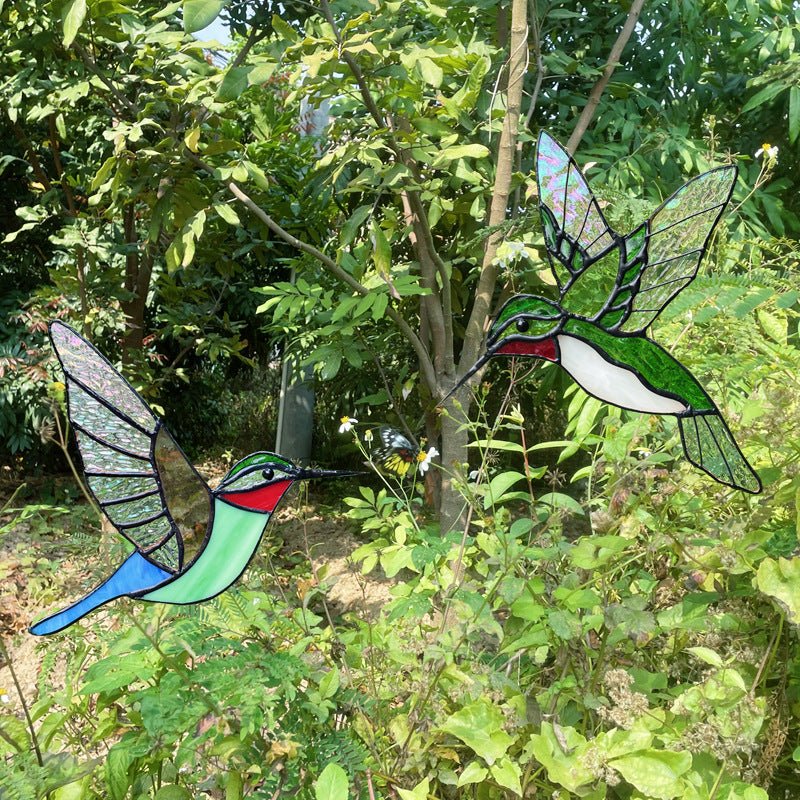 Enchanted Hummingbird Window Art - 7" Stained Glass Garden Ornament (0.44 lbs)