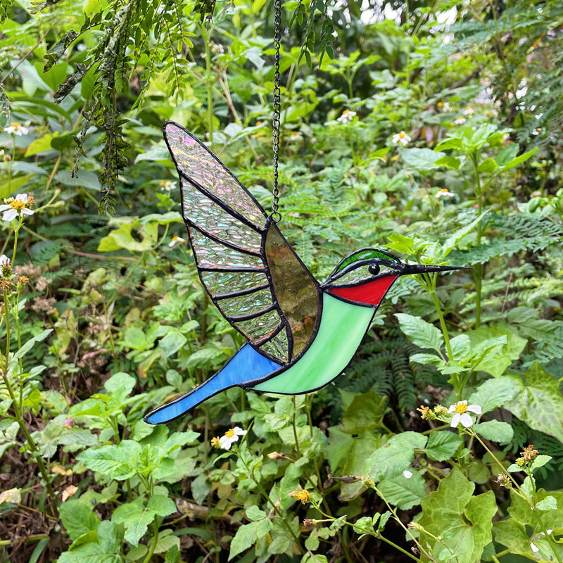 Enchanted Hummingbird Window Art - 7" Stained Glass Garden Ornament (0.44 lbs)