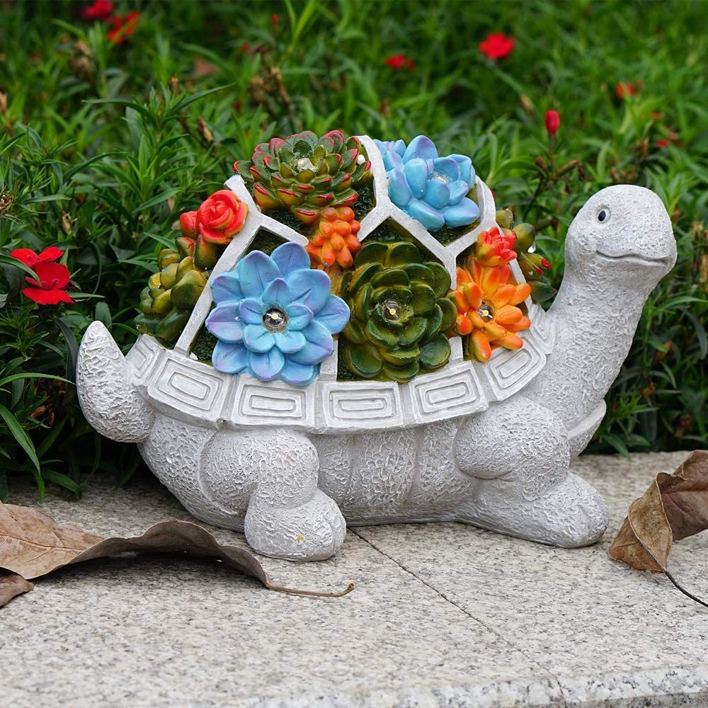 Solar Succulent Turtle Statue – Glowing Garden Art with Living Plants