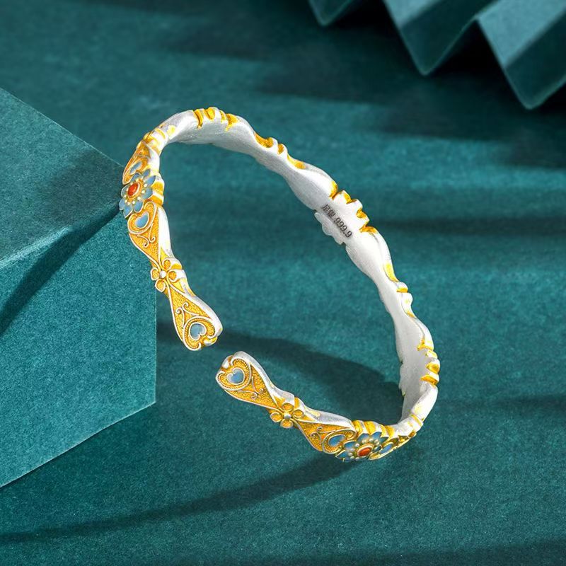"Blue Serenade" Pure 9999 Silver Cloisonné Bangle – Handcrafted Gold-Accented Art Piece