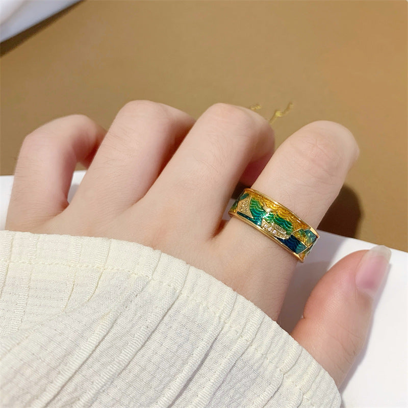 "River of Stars" Cloisonné Bangle Ring – Chinese Landscape Art Jewelry
