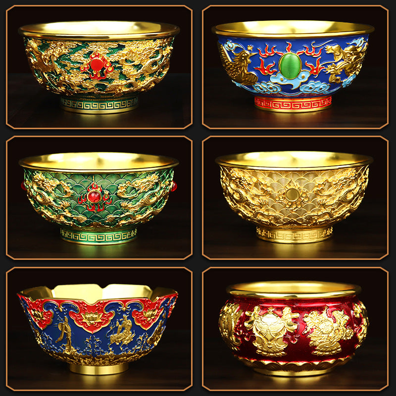 Cloisonné Gold-Toned Alloy Collectible Bowl – Handcrafted Floral & Dragon Motif