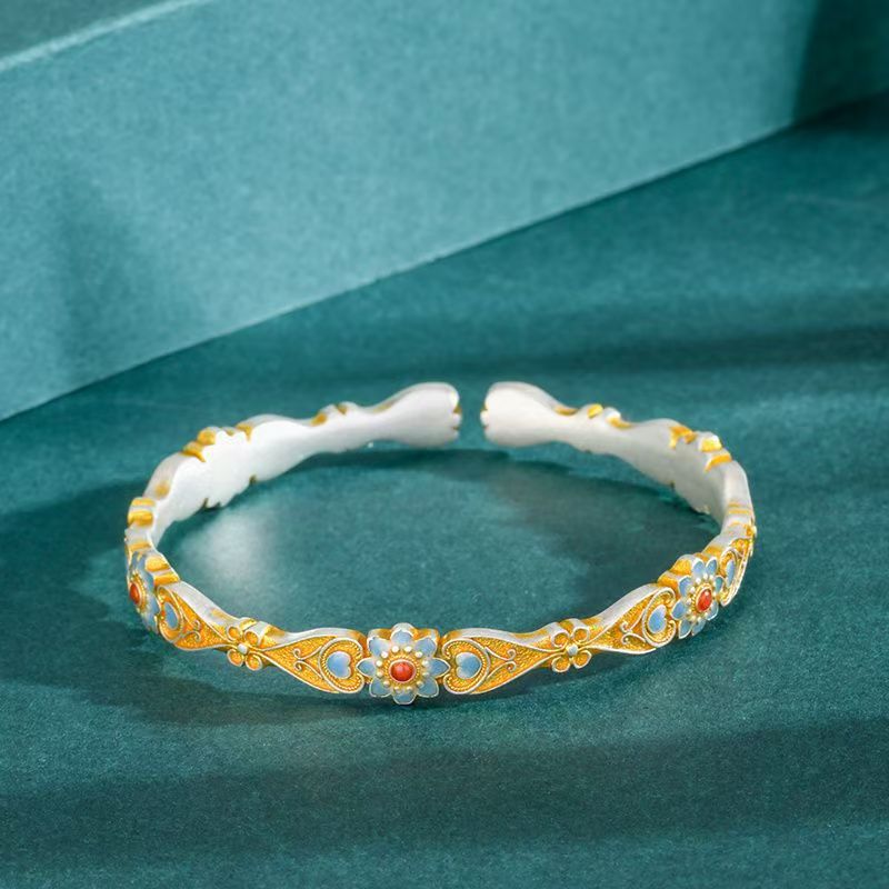 "Blue Serenade" Pure 9999 Silver Cloisonné Bangle – Handcrafted Gold-Accented Art Piece