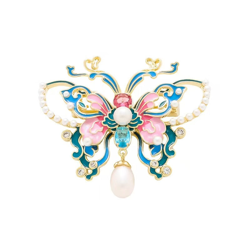 Enchanted Cloisonné Butterfly Brooch – Lab-Created Gemstone & Pearl Elegance