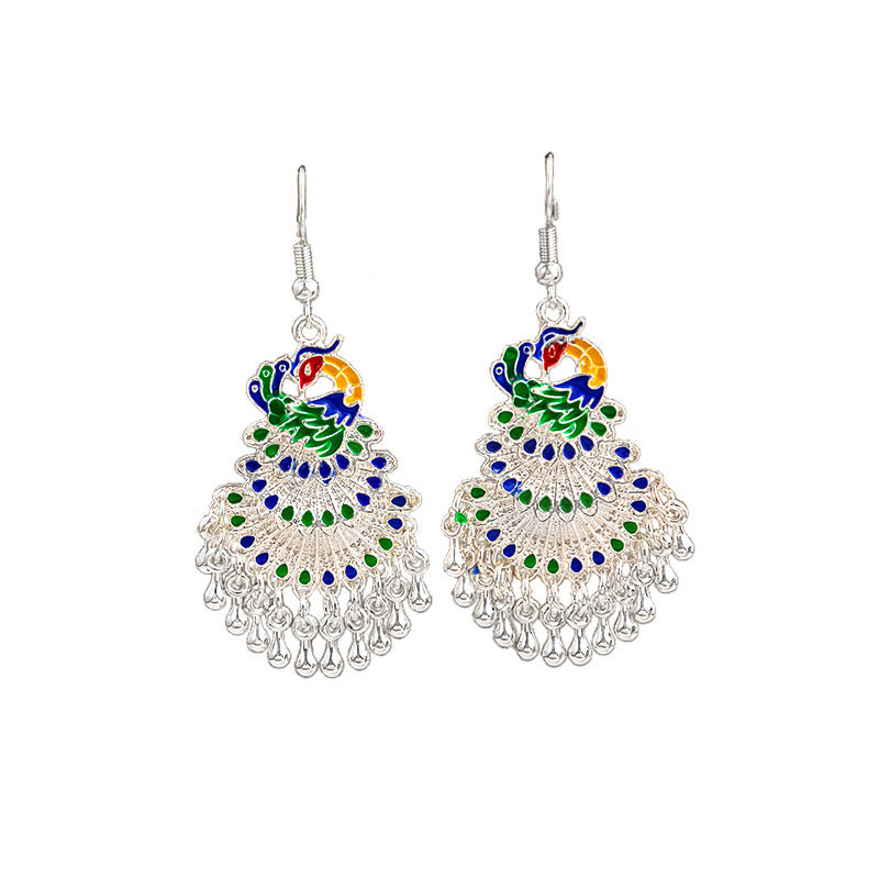 Cloisonné Enamel Peacock Tassel Earrings – Miao Ethnic Silver Phoenix Bell Drops