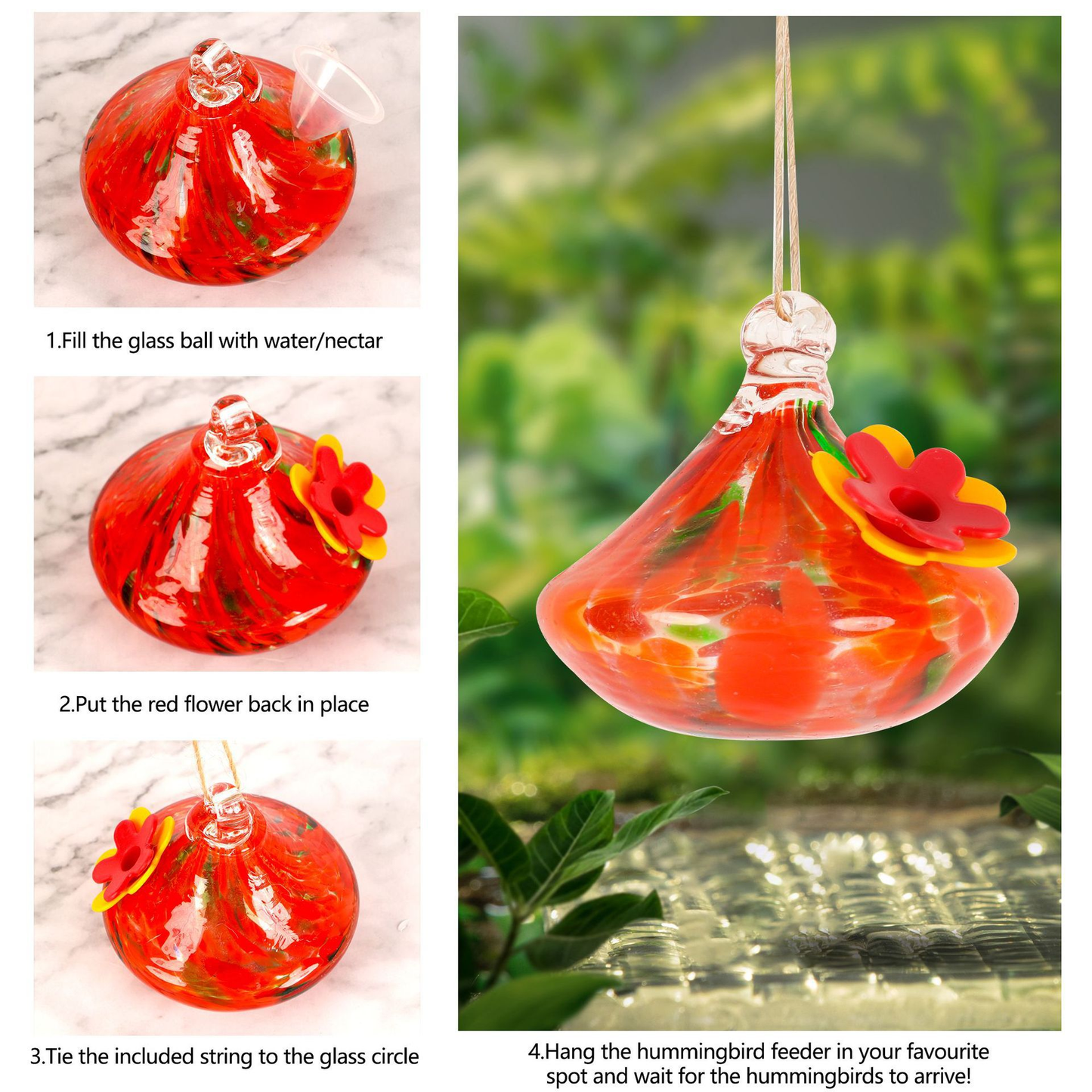 Colorful Glass Hummingbird Feeder – Handcrafted Hanging Bird Waterer for Garden & Patio (Single Piece)