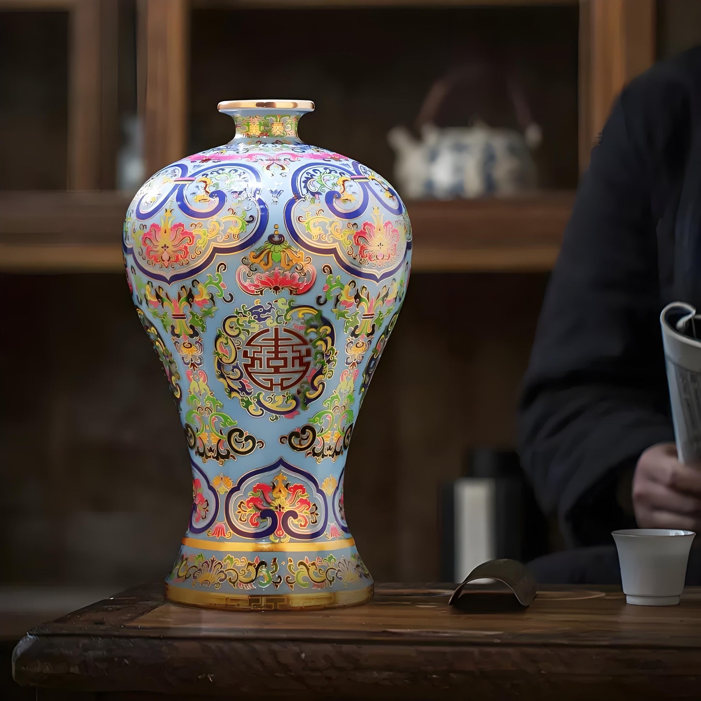 Sky-Blue Cloisonné Porcelain Mei Vase with Entwined Lotus Motif – Handcrafted Jingdezhen Masterpiece