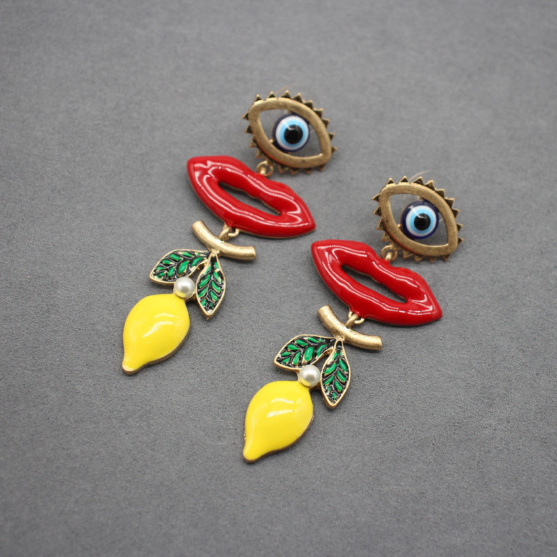 Drip Glaze Enamel Lemon Lipstick Earrings with Evil Eye Motif – Unique Statement Jewelry