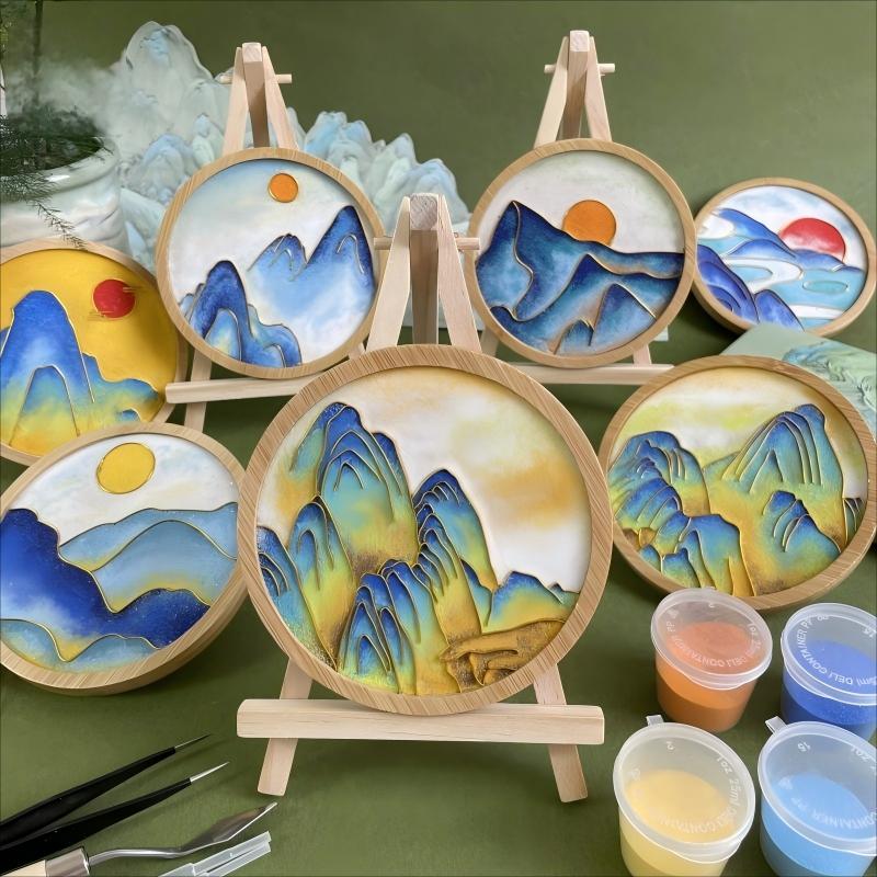 Cloisonné Enamel Coaster Set – Thousand Miles Landscape Hand-Carved Filigree DIY Kit with Adjustable Wooden Easel