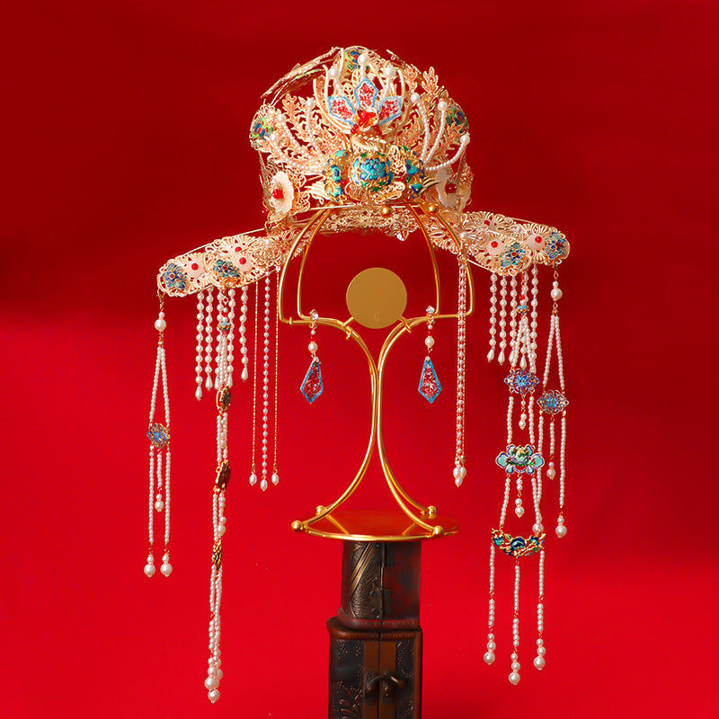 Handcrafted Neo-Chinese Enamel Gilded Phoenix Crown Headdress – Elegant Cultural Accessory