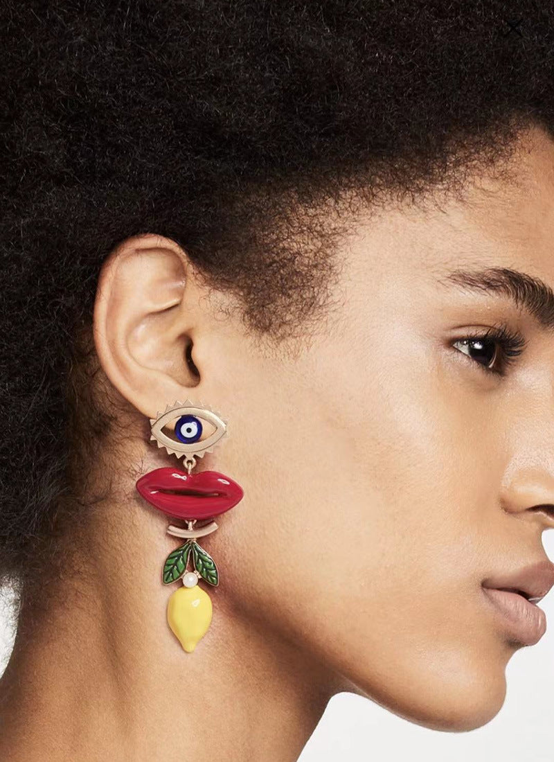 Drip Glaze Enamel Lemon Lipstick Earrings with Evil Eye Motif – Unique Statement Jewelry