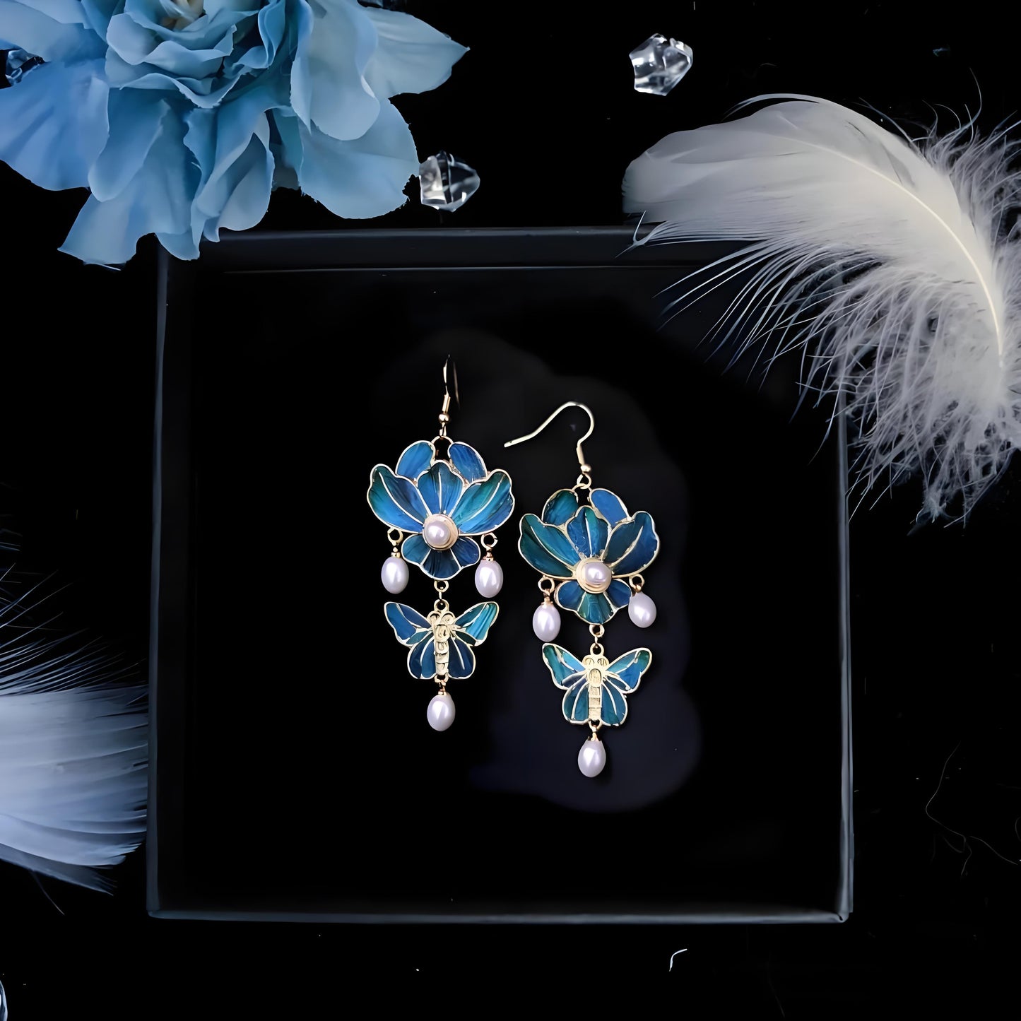 Classic Butterfly Love Flower Cloisonné Earrings – Timeless Gold-Plated Elegance