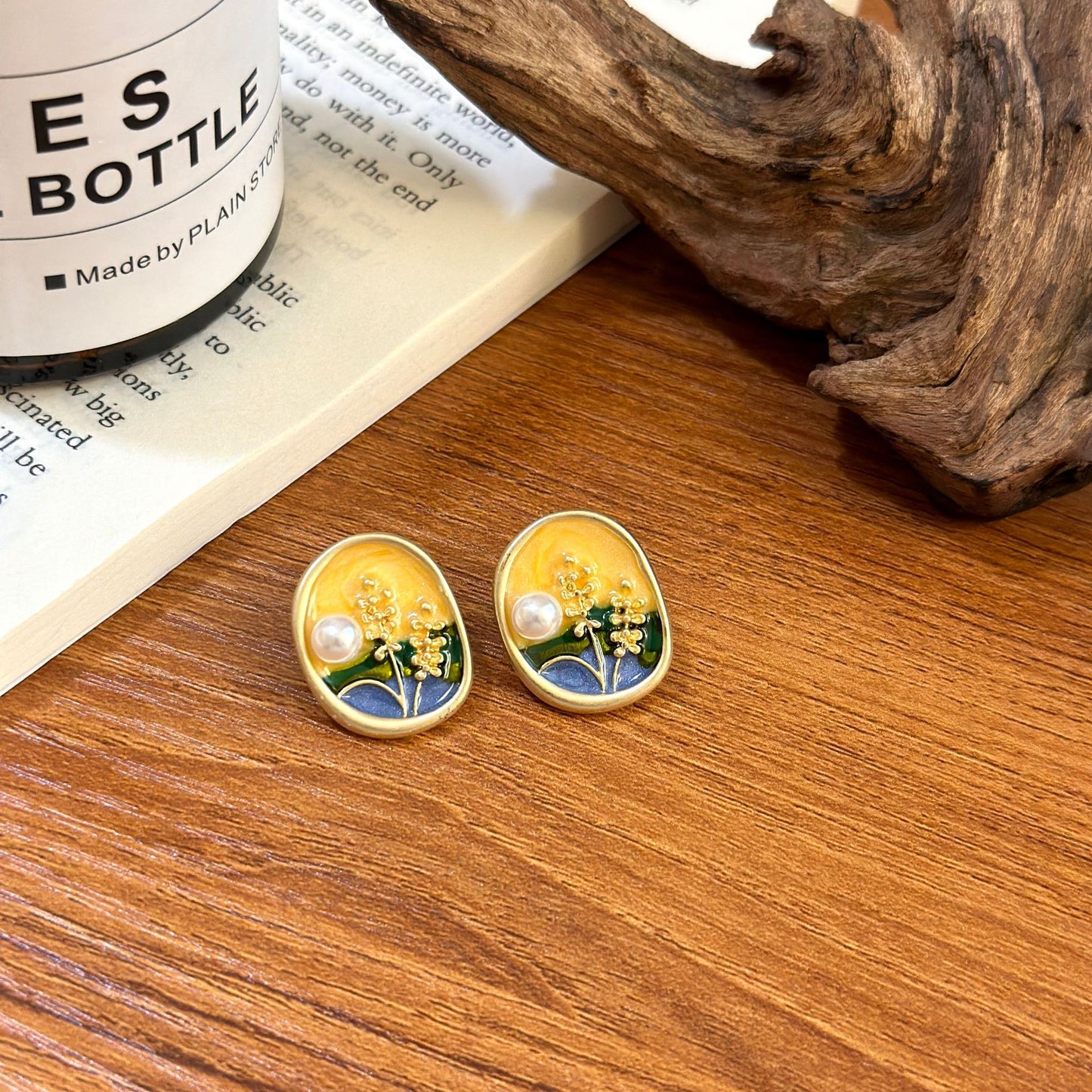 Sunset Impression Enamel Drip Glaze Earrings – Vintage Wheat Elegance