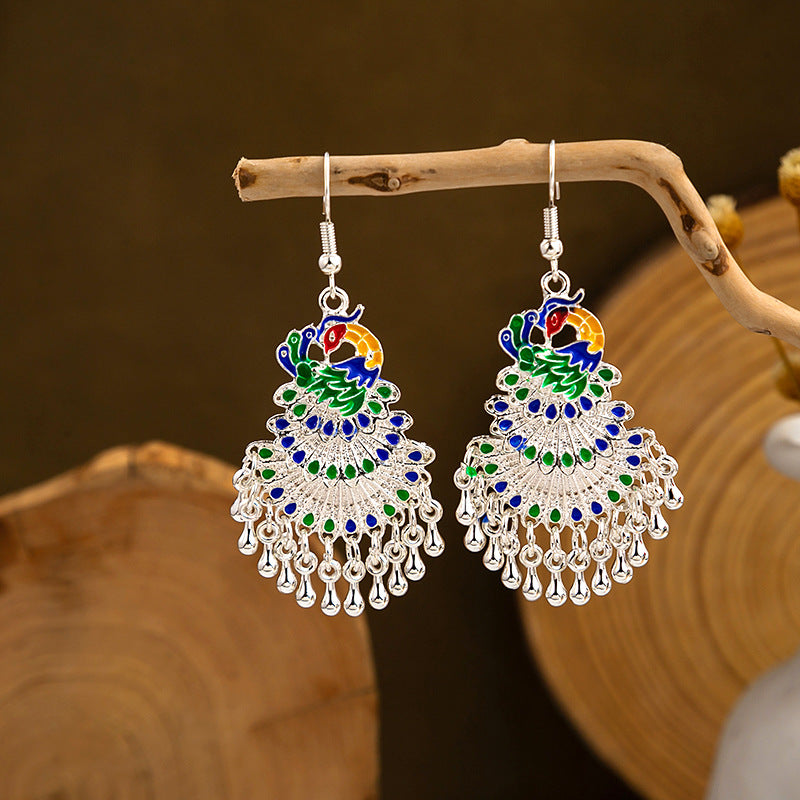 Cloisonné Enamel Peacock Tassel Earrings – Miao Ethnic Silver Phoenix Bell Drops