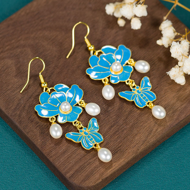 Classic Butterfly Love Flower Cloisonné Earrings – Timeless Gold-Plated Elegance
