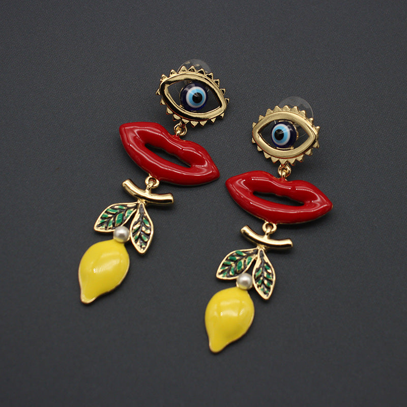 Drip Glaze Enamel Lemon Lipstick Earrings with Evil Eye Motif – Unique Statement Jewelry