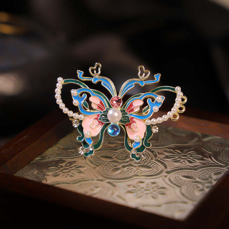 Enchanted Cloisonné Butterfly Brooch – Lab-Created Gemstone & Pearl Elegance