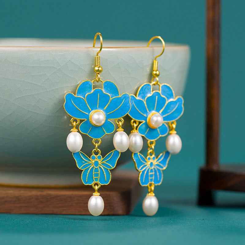 Classic Butterfly Love Flower Cloisonné Earrings – Timeless Gold-Plated Elegance