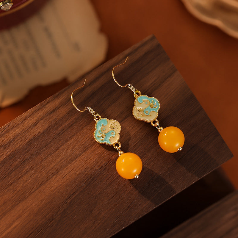 Neo-Chinese Cold Enamel Drip Glaze Earrings – Vintage Beeswax & Gold Elegance